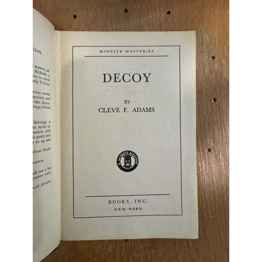 Decoy by Cleve F‎ Adams Midnite Mysteries Vintage Hardcover Book 1944